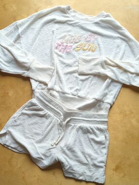 Old Navy White Terry Lounge Set with Pink & Yellow Embroidery